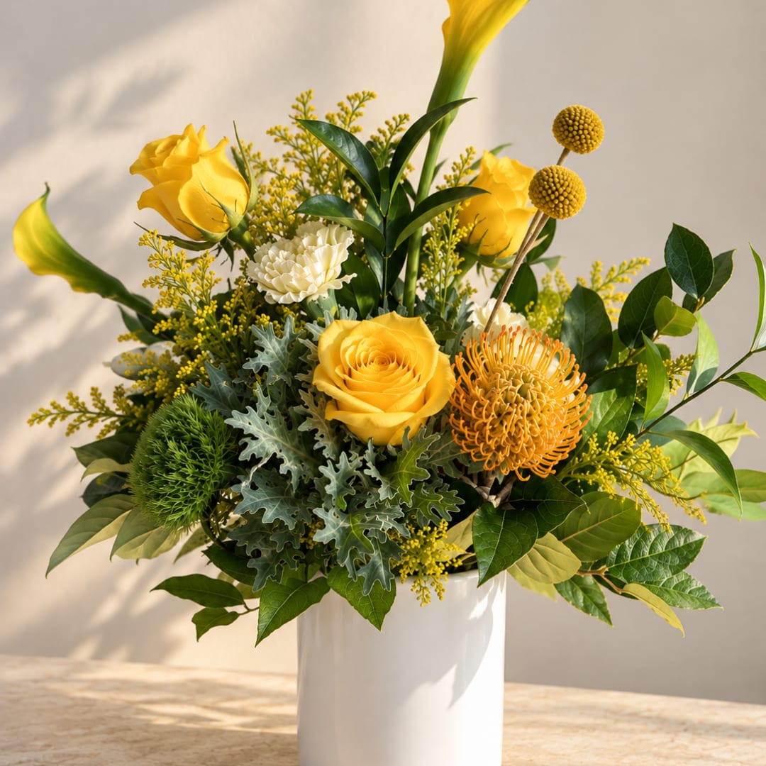 Yellow roses and mixed flowers in a white vase
