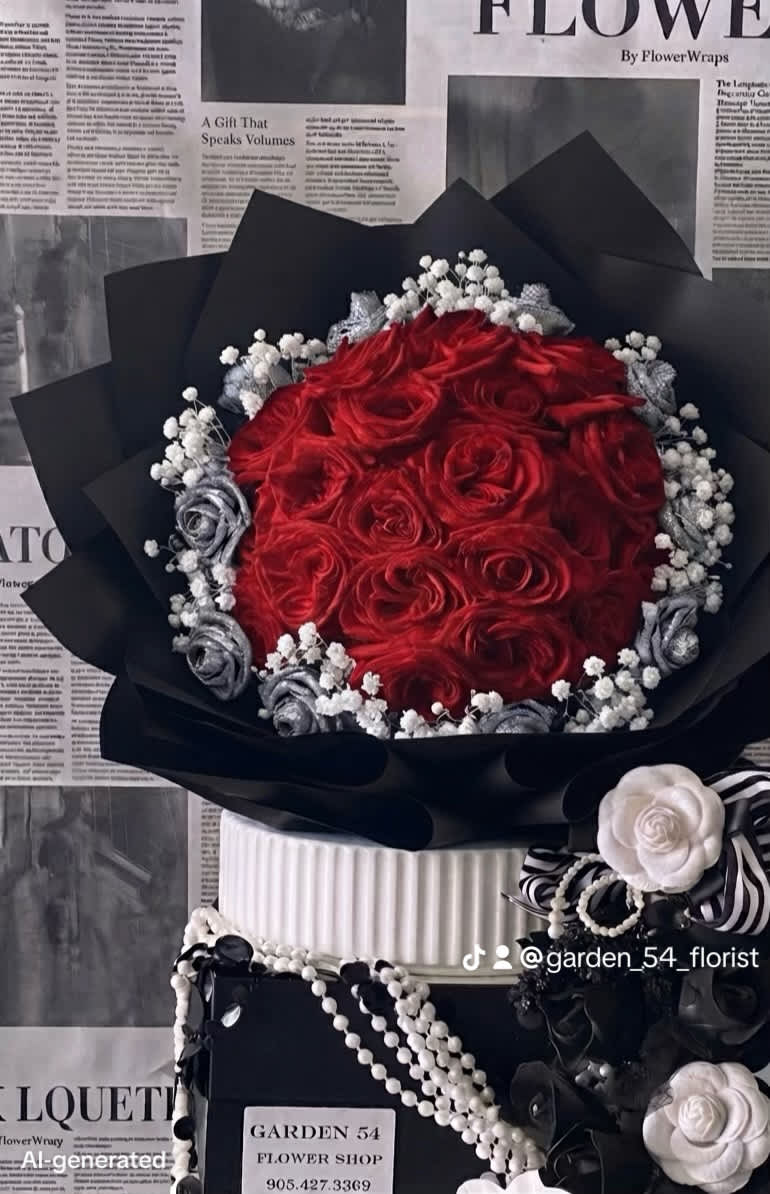 Red rose bouquet wrapped in black paper with white accents