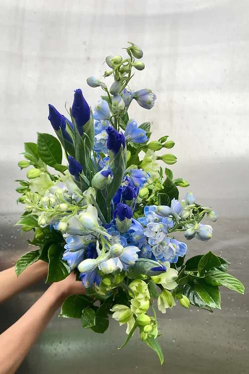 Blue and green mixed bouquet with tall buds and clustered blooms