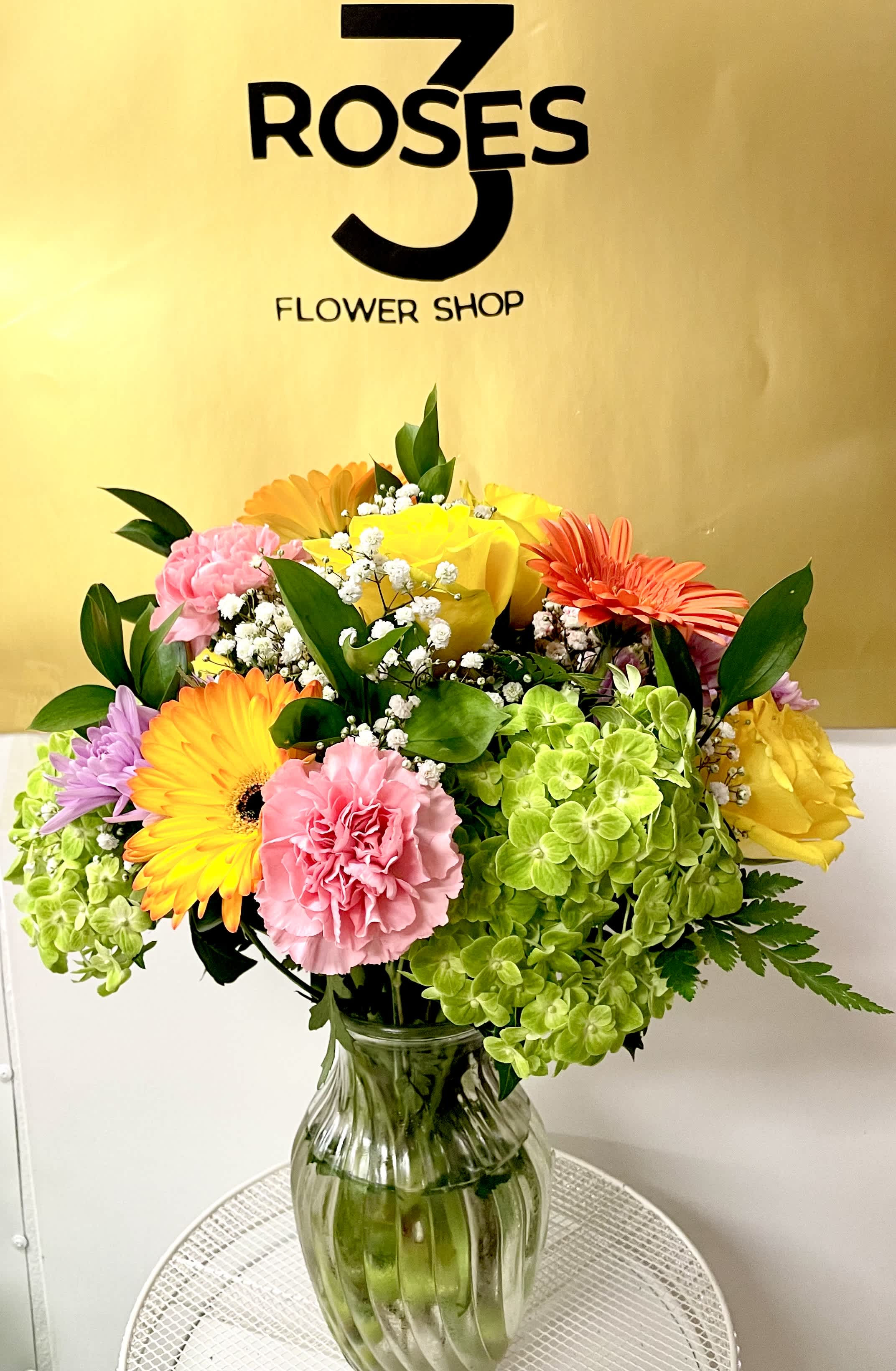 Spring Felling - Green Hydrangea ,roses ,carnations and gerberas