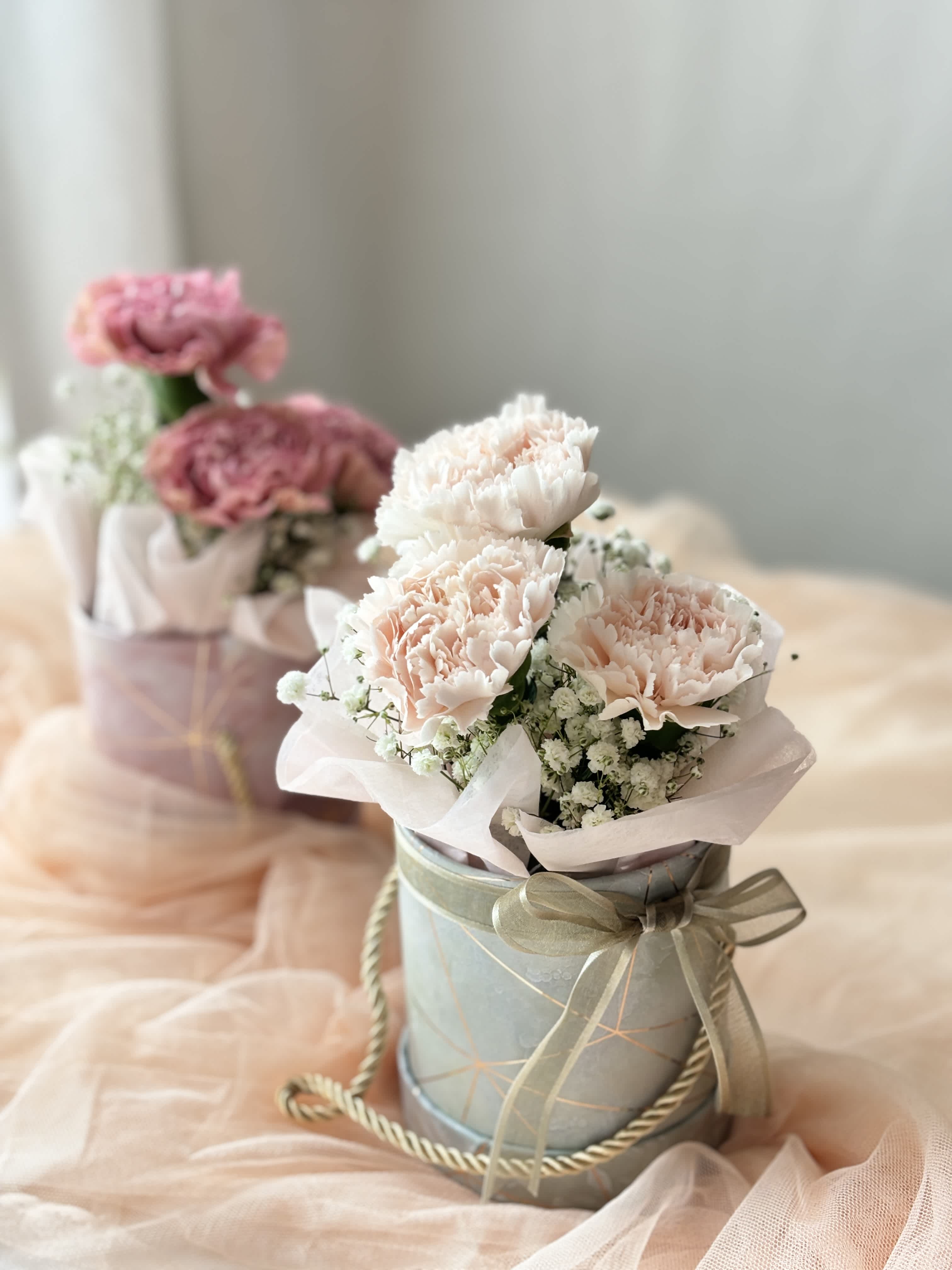 Pink carnations in a ribbon-tied gift box with baby's breath