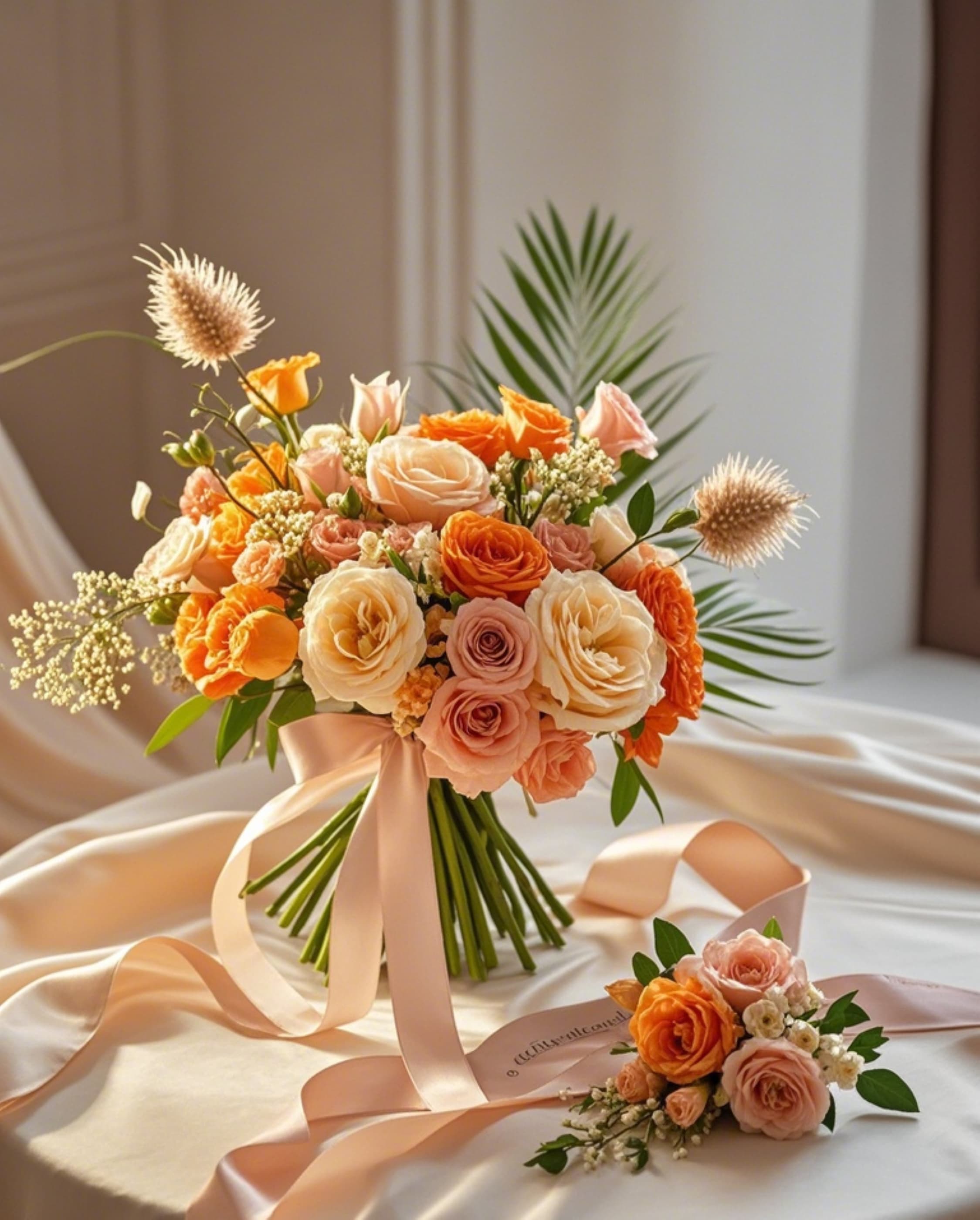 Peach and orange rose bouquet with a matching boutonniere on satin ribbon