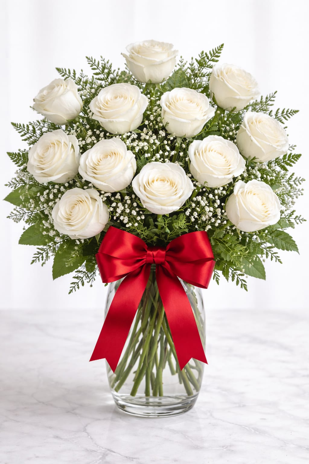 White roses arranged in a glass vase with a red ribbon