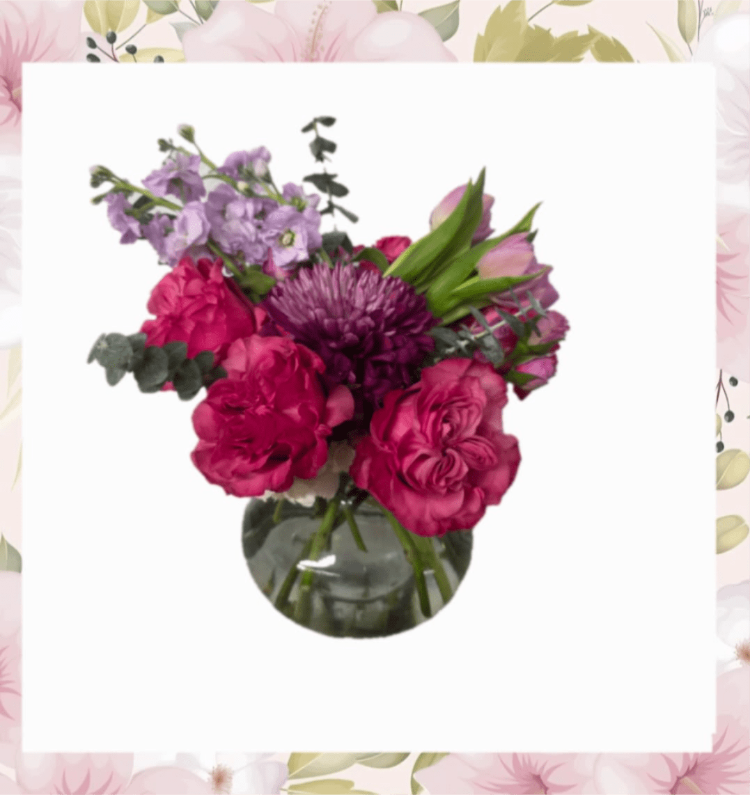 I Love You More! - A lush, romantic arrangement that says "I love you" with vivid pink roses and soft lavender tulips-perfect as an anniversary bouquet, Mother's Day surprise, or birthday gift. The mix of magenta and lilac tones with touches of deep purple gives a celebratory, feminine feel that will make the person you're thinking of feel cherished and seen. 