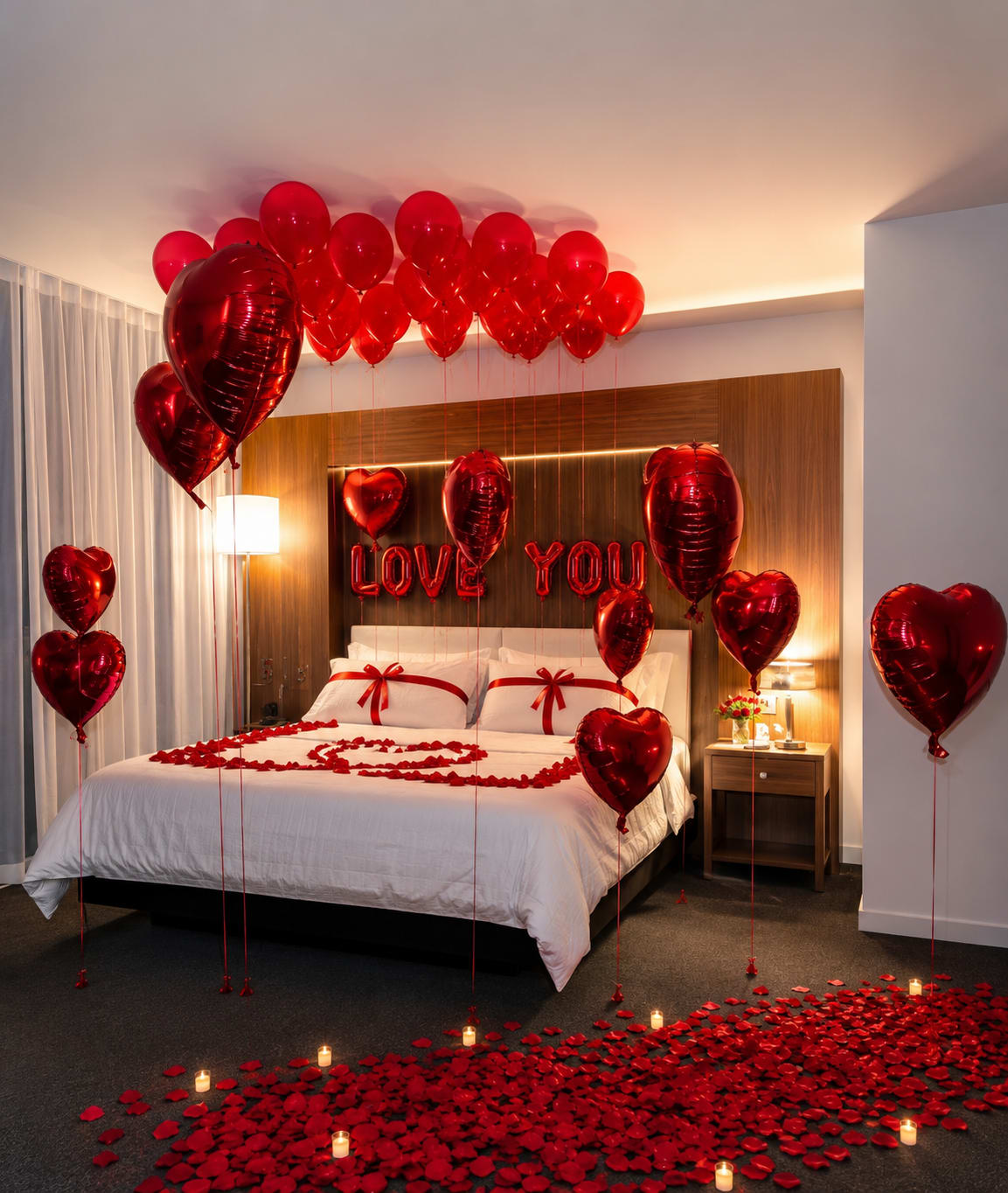 Bedroom decorated with red heart balloons, rose petals, and candles