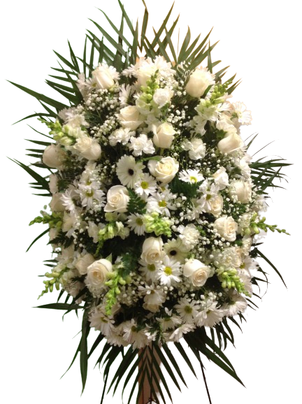 White floral standing spray with roses and daisies
