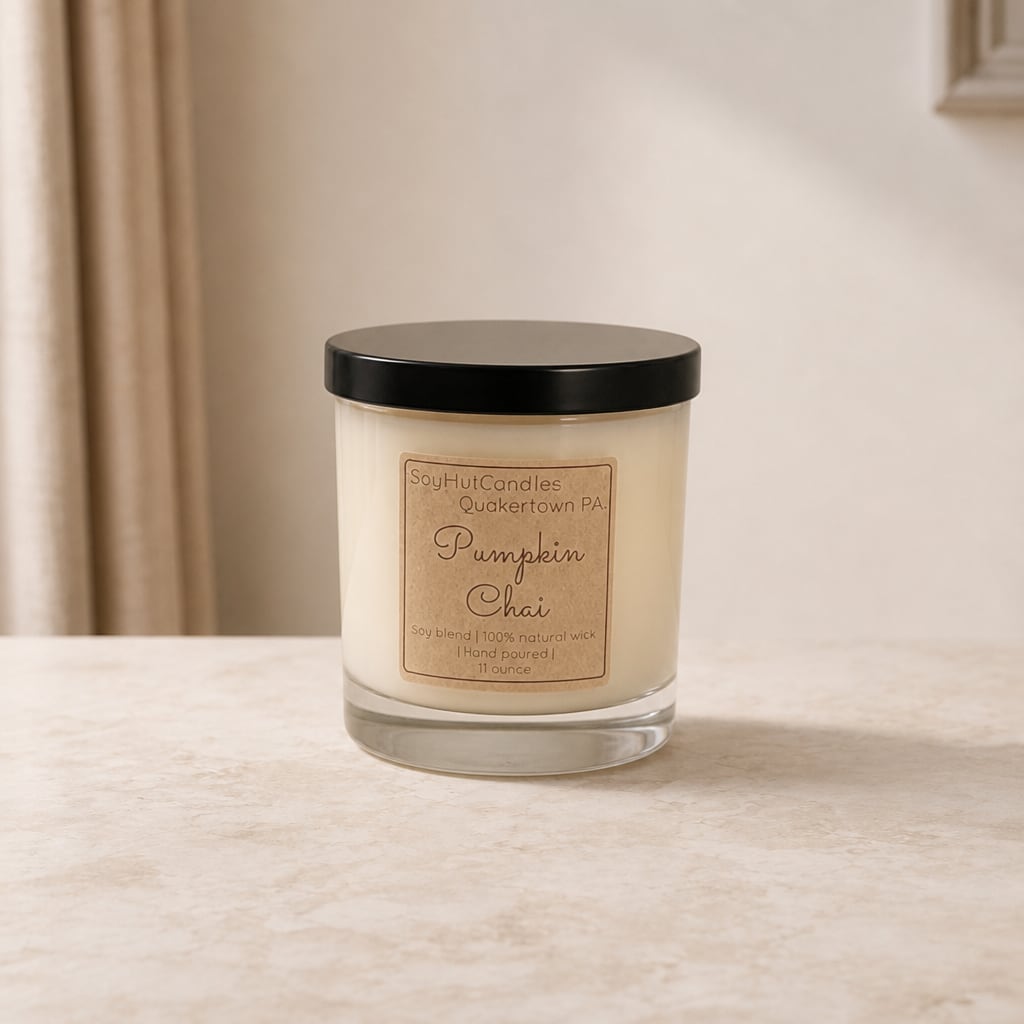 Pumpkin chai candle in a glass jar with a black lid