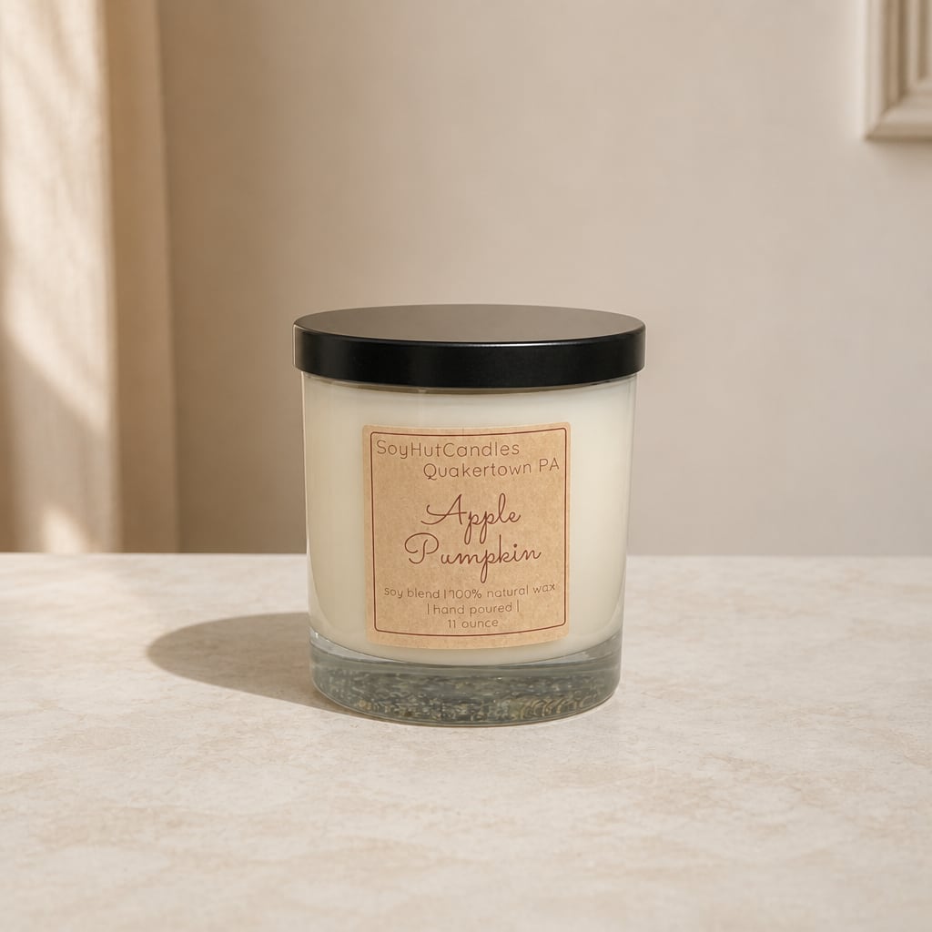 Apple Pumpkin candle in a clear glass jar with a black lid