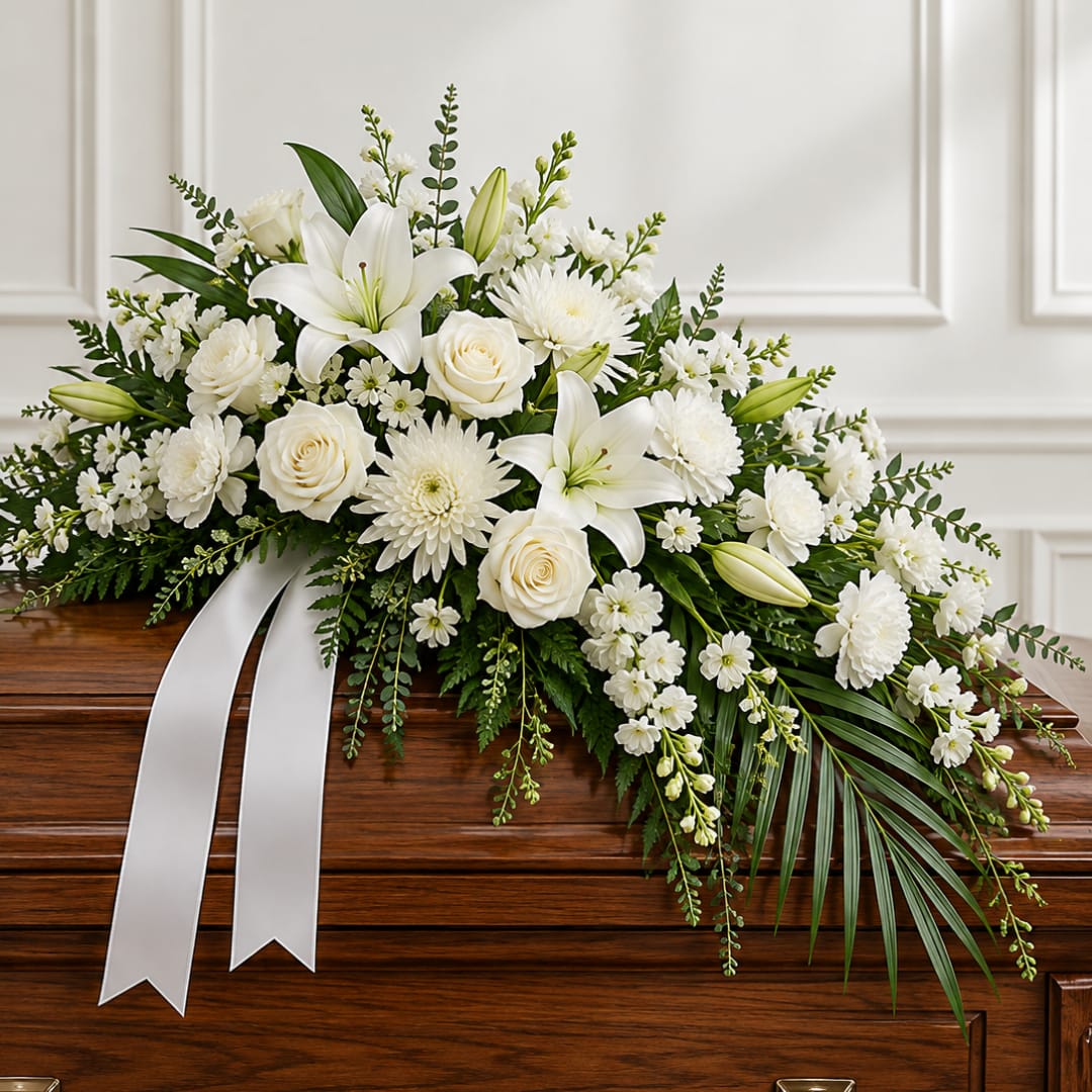 White floral casket spray with lilies, roses, and daisies