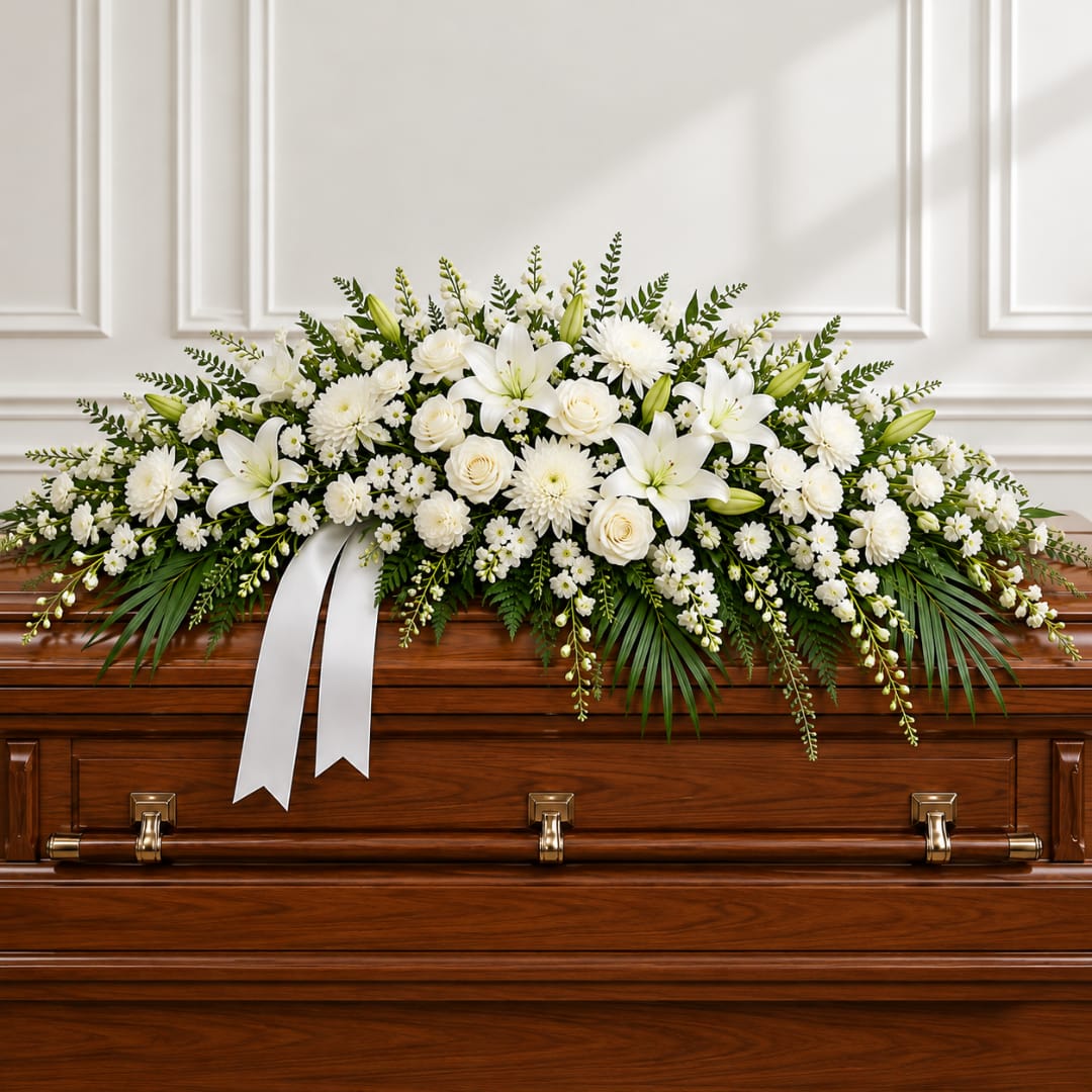 White floral casket spray with lilies, roses, and ribbon