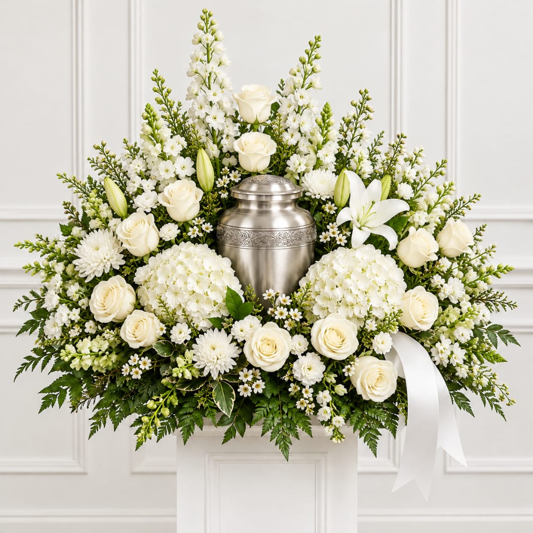 White floral funeral arrangement with a silver urn and ribbon