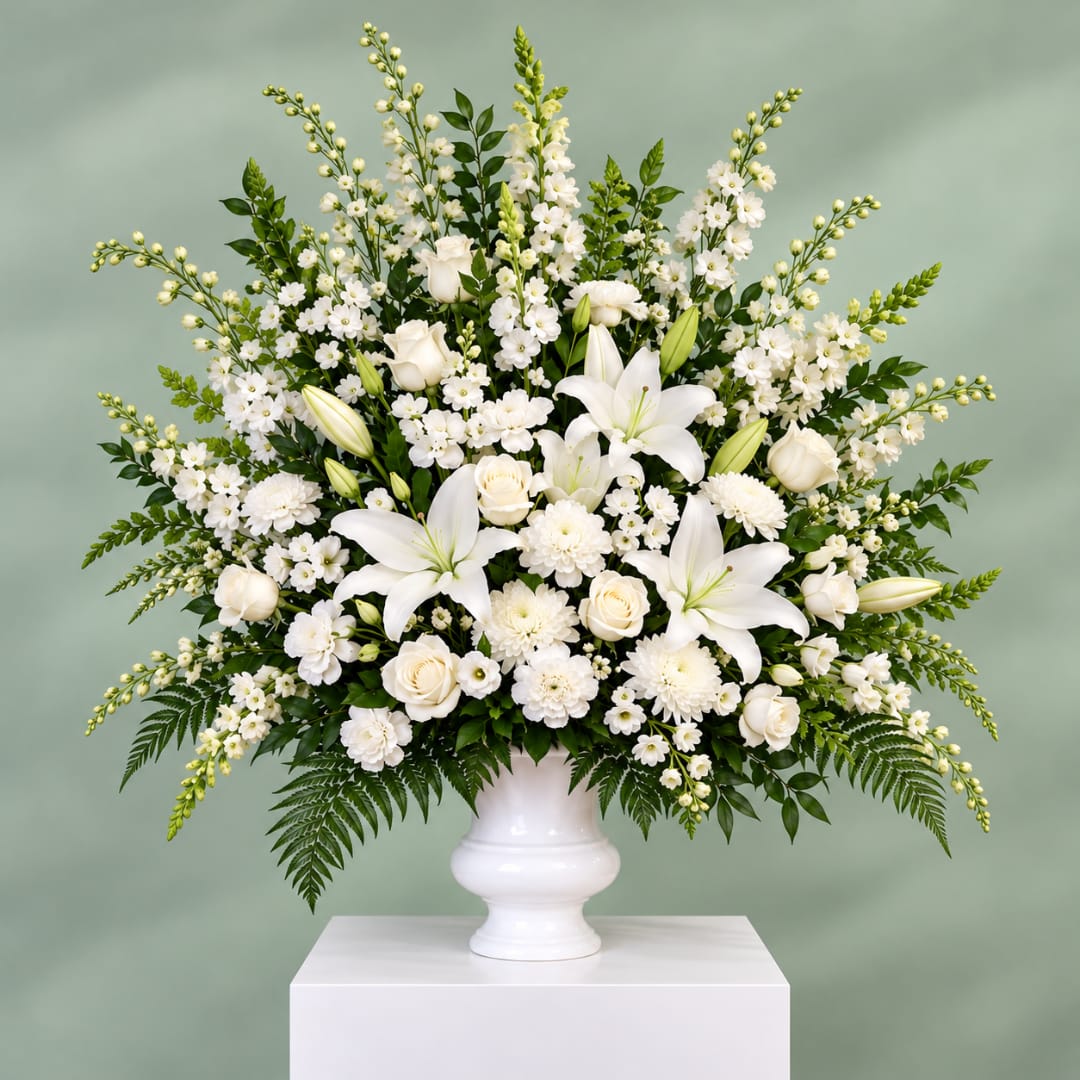 White floral arrangement in a white urn vase with lilies and roses