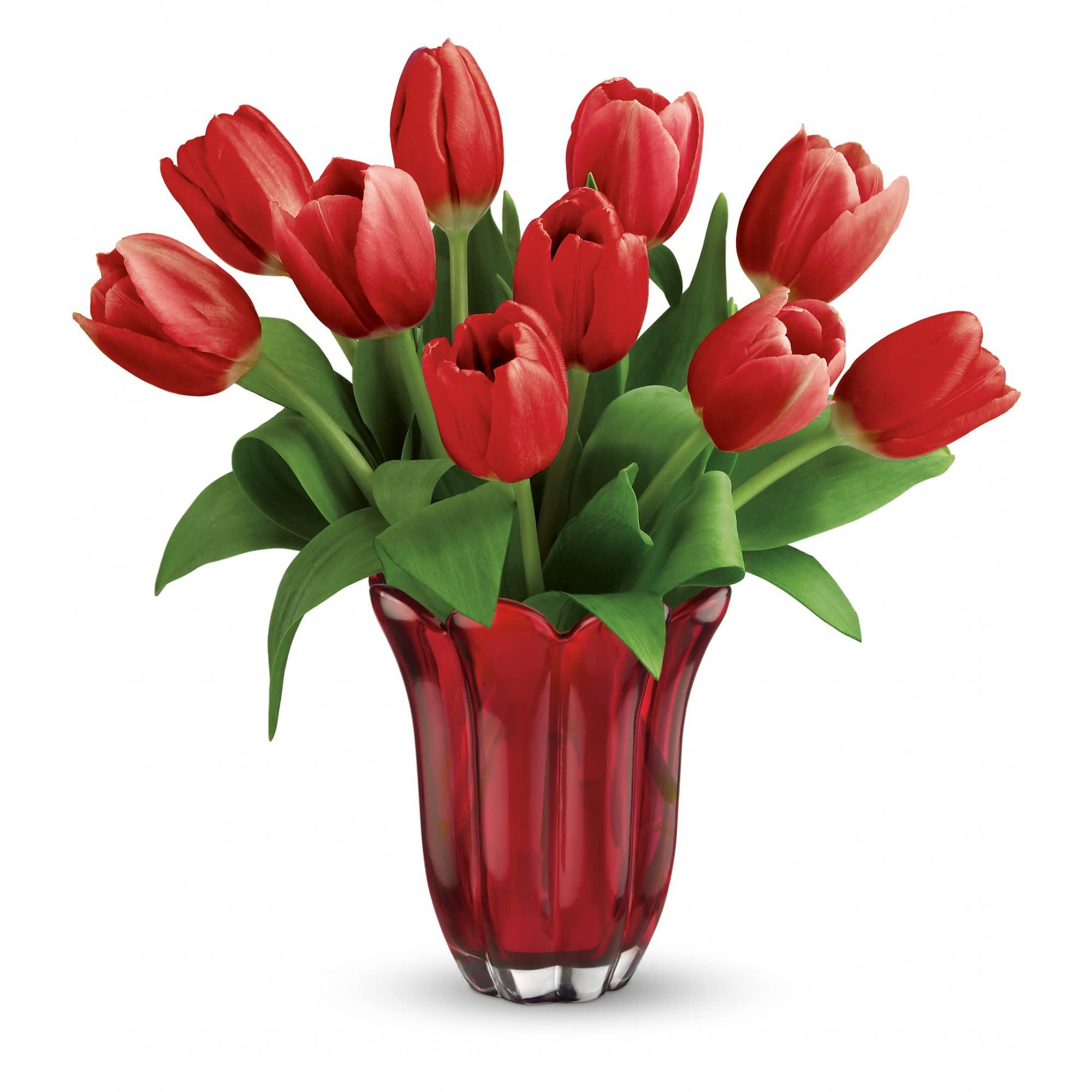 Teleflora's Kissed By Tulips Bouquet - Tickle her with tulips! This elegant bouquet of ten red tulips is arranged in a red-hot glass vase, featuring petal-like detailing. 