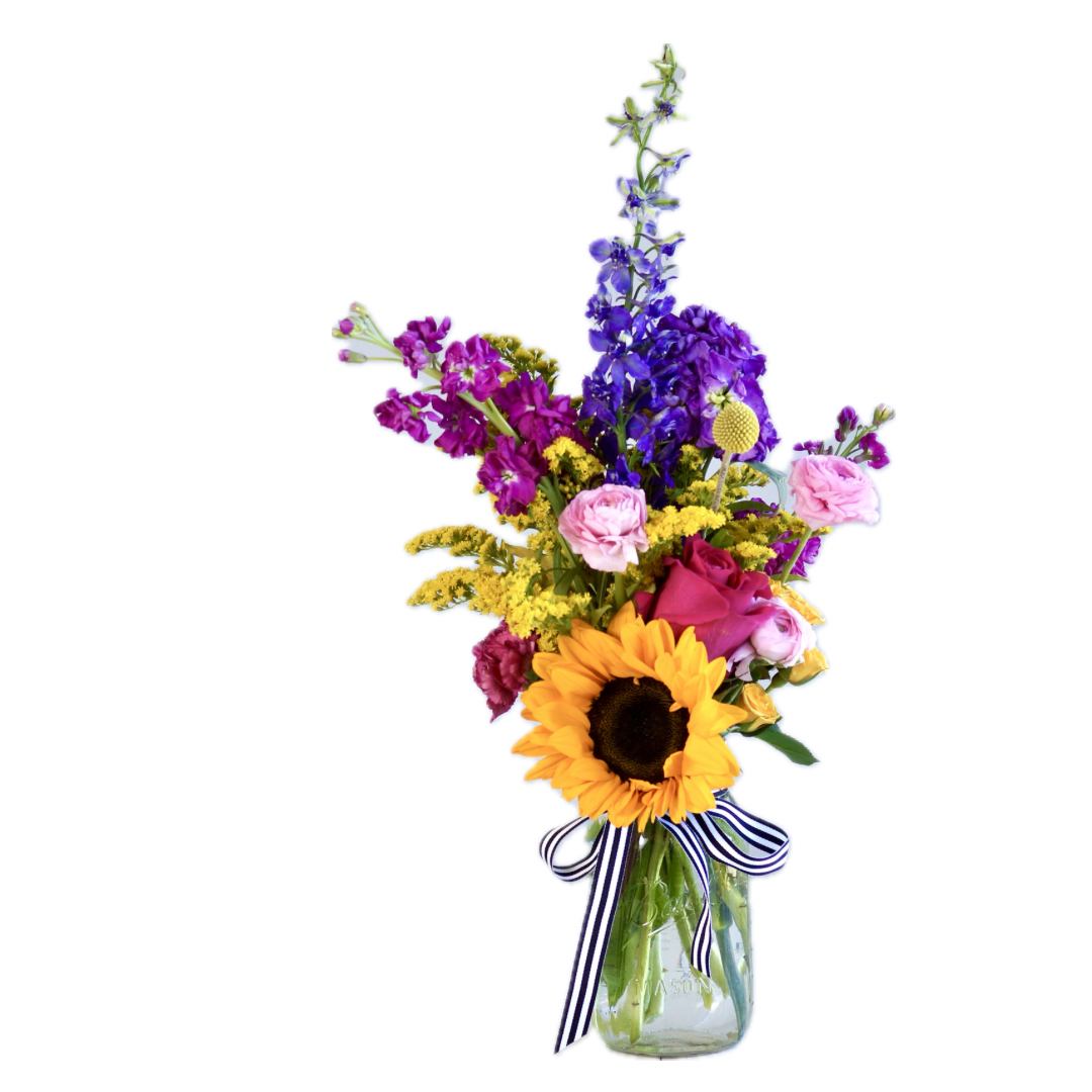 Mason Jar Cutie - Mix of fun flowers in a Mason Jar