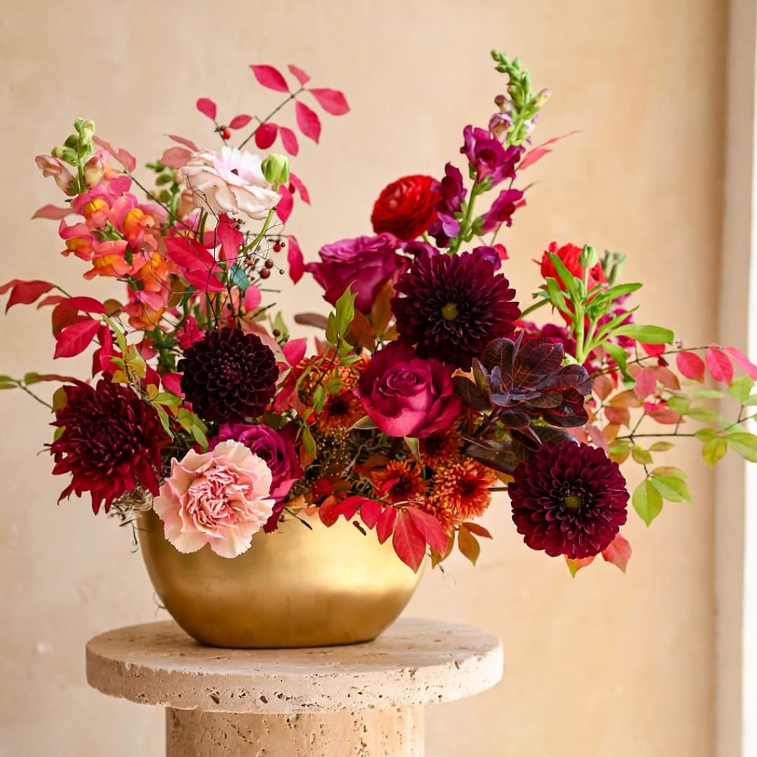 Mixed pink, red, and burgundy flowers in a gold vase
