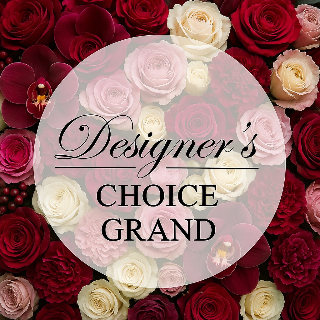 Assorted roses and orchids with a "Designer’s Choice Grand" label