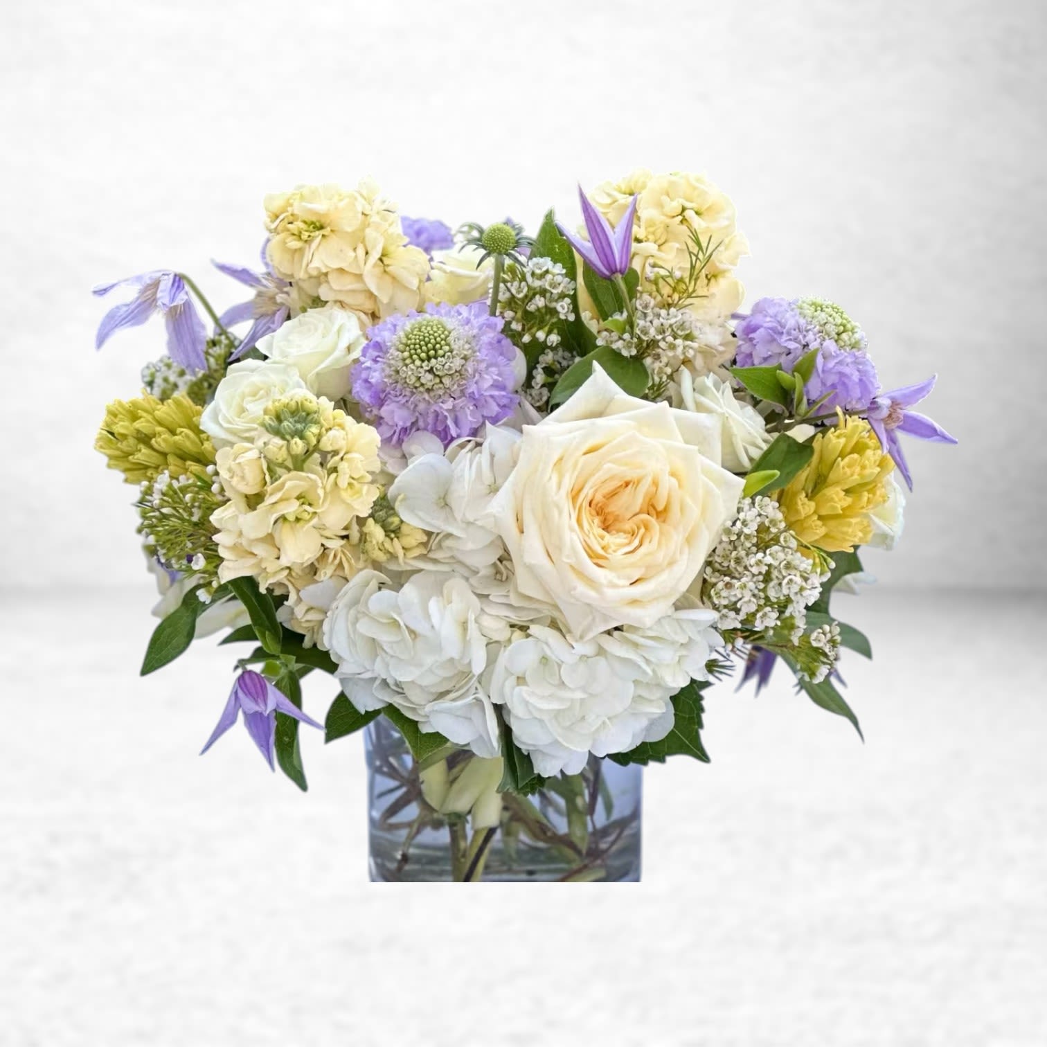 Lavender Lemonade Bouquet - Soft, sweet, and effortlessly charming, our Lavender Lemonade Bouquet is a refreshing way to brighten someone’s day. This elegant arrangement features a lush blend of creamy white hydrangea, buttery yellow stock, lavender scabiosa, delicate clematis, and a centerpiece of garden roses—all hand-designed in a modern cube vase.  Whether you're sending flowers for a birthday, a heartfelt “thinking of you,” or a cheerful pick-me-up, this pastel bouquet radiates calm and joy. A beautiful choice for same-day flower delivery in Galveston and surrounding areas, including Friendswood, League City, and Texas City.  Perfect For: Thinking of You Get Well Soon Everyday Brightening Sympathy (for a gentle and uplifting option)  Substitution Disclaimer: Occasionally, substitutions may be necessary due to seasonal availability. We promise to maintain the style, theme, and color palette of your arrangement using equal or higher value blooms.
