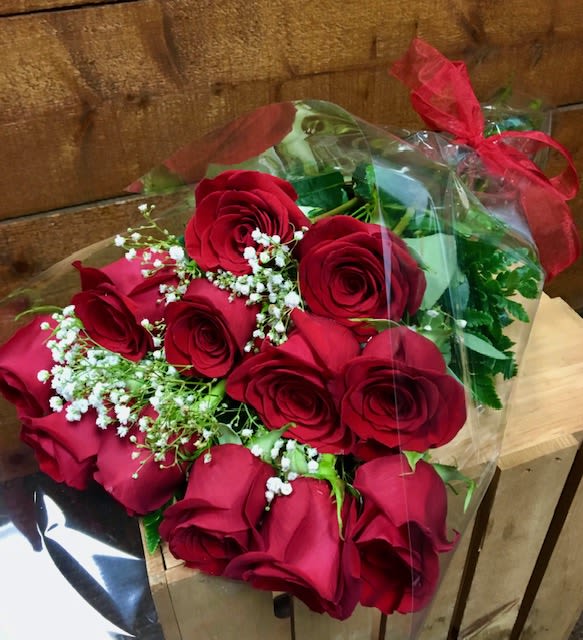 Bouquet of red roses with baby's breath in clear wrap
