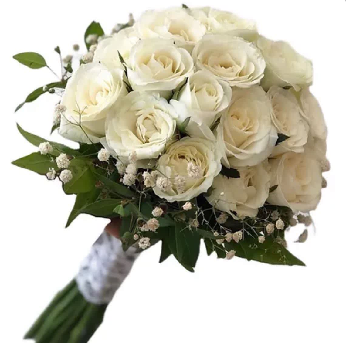 White rose bridal bouquet with greenery and baby's breath