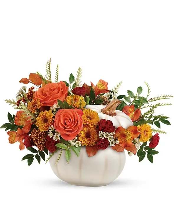 Pretty Pumpkin - Add a beautiful harvest touch to your fall activities with this magnificent mix of autumnal alstroemeria, roses and carnations, gathered in a glazed ceramic pumpkin that's sure to be an annual decor favorite!