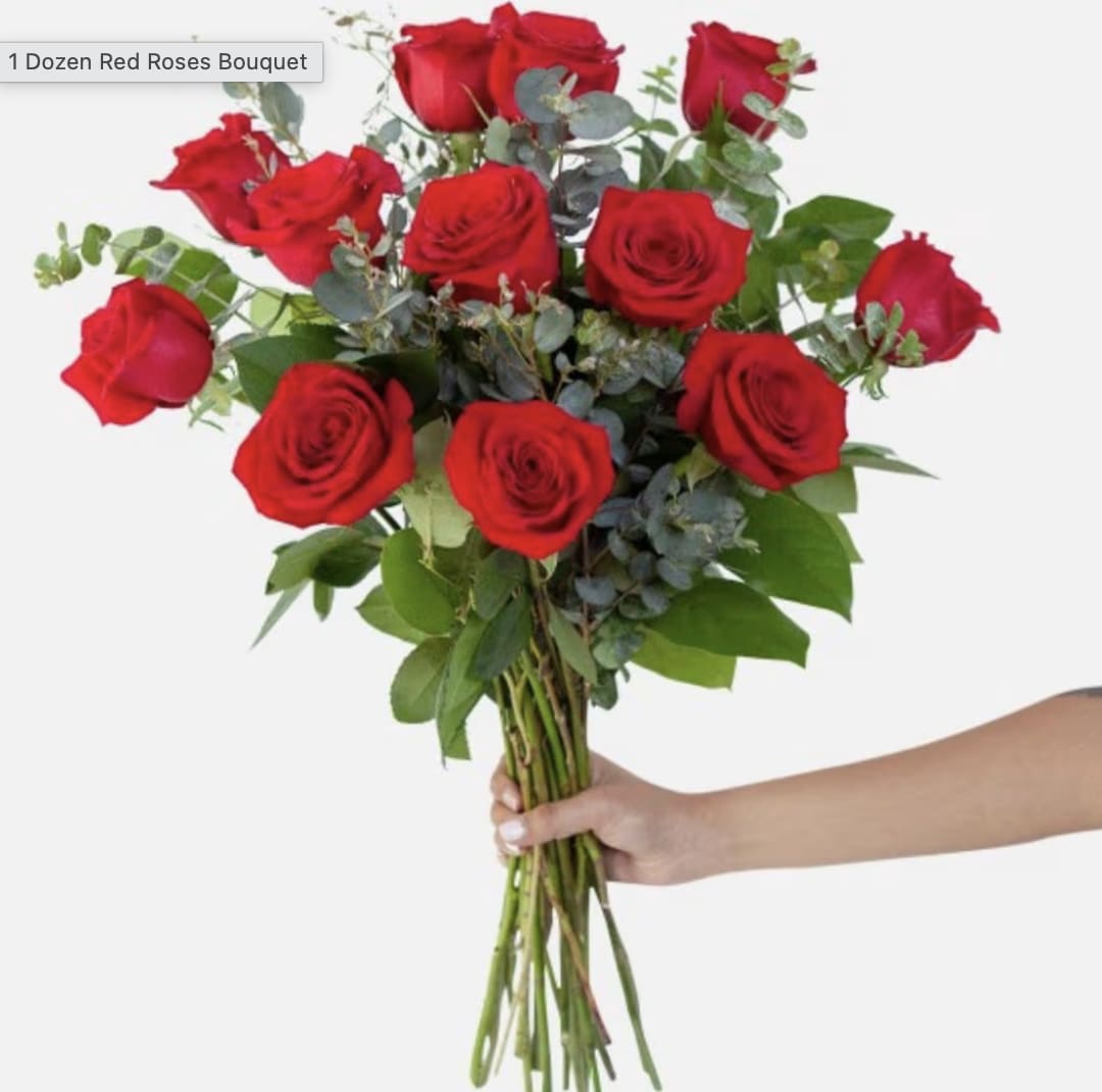 Bouquet of red roses with eucalyptus greenery