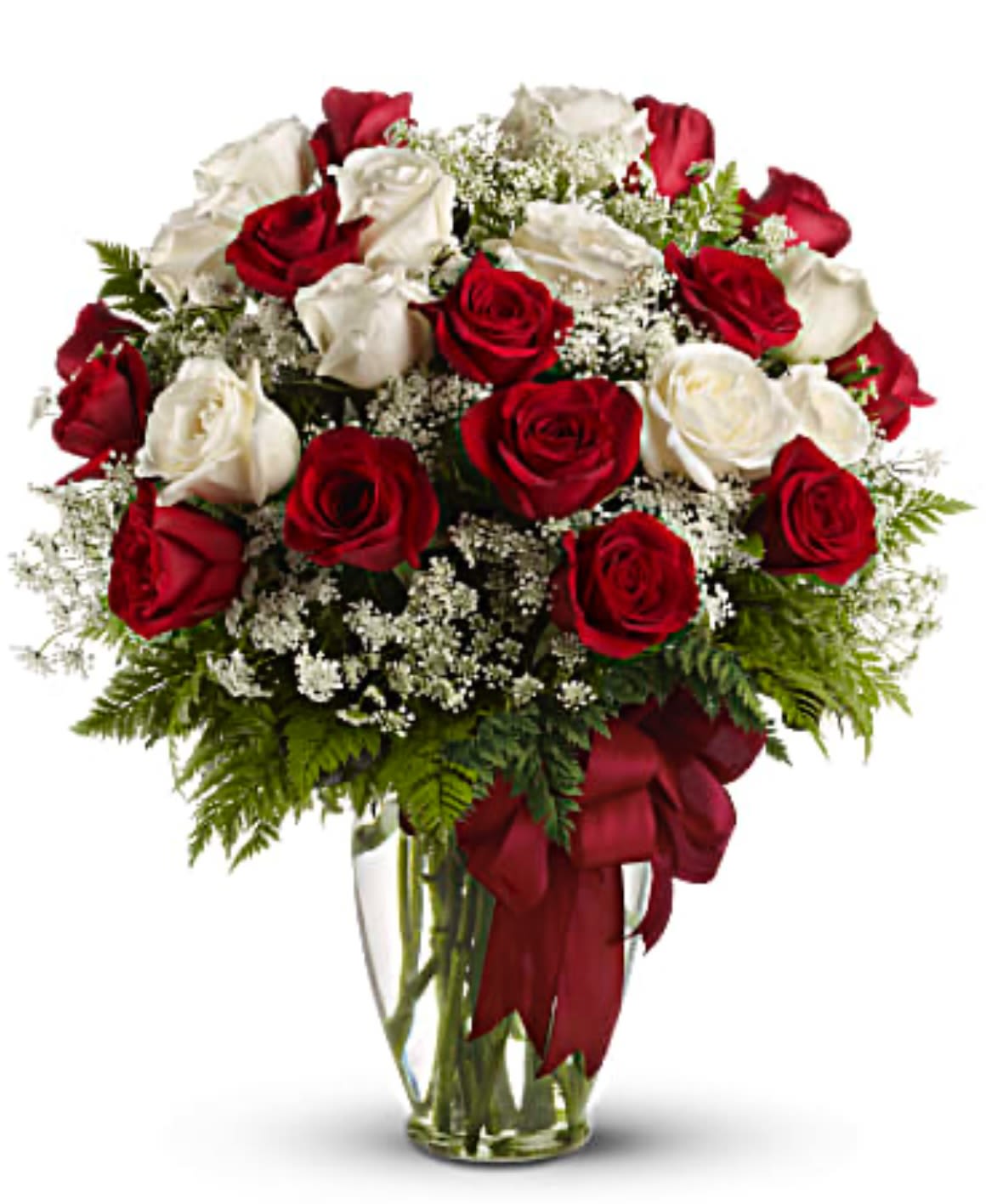 Love and Purity - A classic bouquet featuring 24 red and white roses. The white roses symbolize purity and innocence, while the red roses represent love and passion. It's a timeless combination often chosen for romantic occasions like Valentine's Day