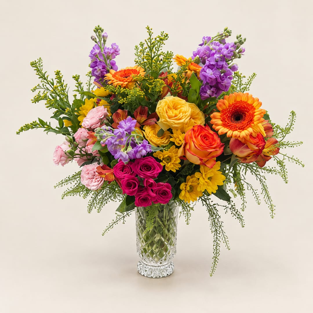 Colorful mixed bouquet in a clear glass vase