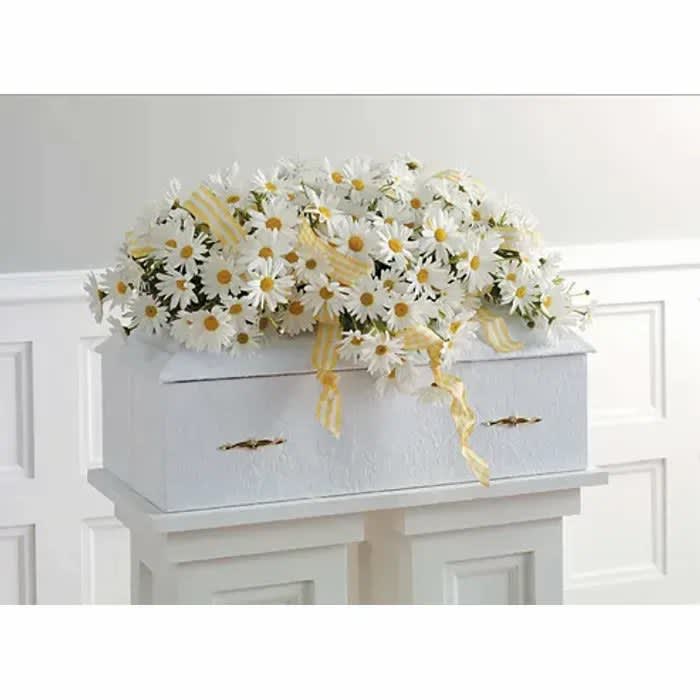 White daisy arrangement on a white casket with yellow ribbon