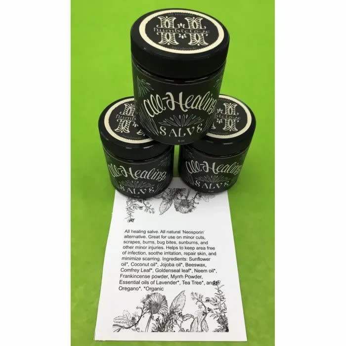 All - Healing Salve - All natural ‘Neosporin’ alternative. Great for use on minor cuts, scrapes, burns, bug bites, sunburns, and other minor injuries. Helps to keep area free of infection, soothe irritation, repair skin, and minimize scarring. Ingredients: Sunflower oil*, Coconut oil*, Jojoba oil*, Beeswax, Comfrey Leaf*, Goldenseal leaf*, Neem oil*, Frankincense powder, Myrrh Powder, Essential oils of Lavender*, Tea Tree*, and Oregano*. *Organic 