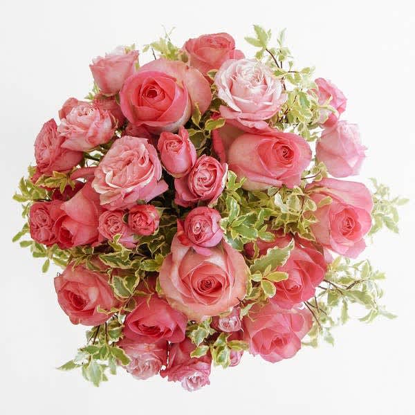 Garden Kiss - Beautiful roses mixed with green foliage make for a stunningly striking cut wrapped bouquet.  (Does not include a vase)