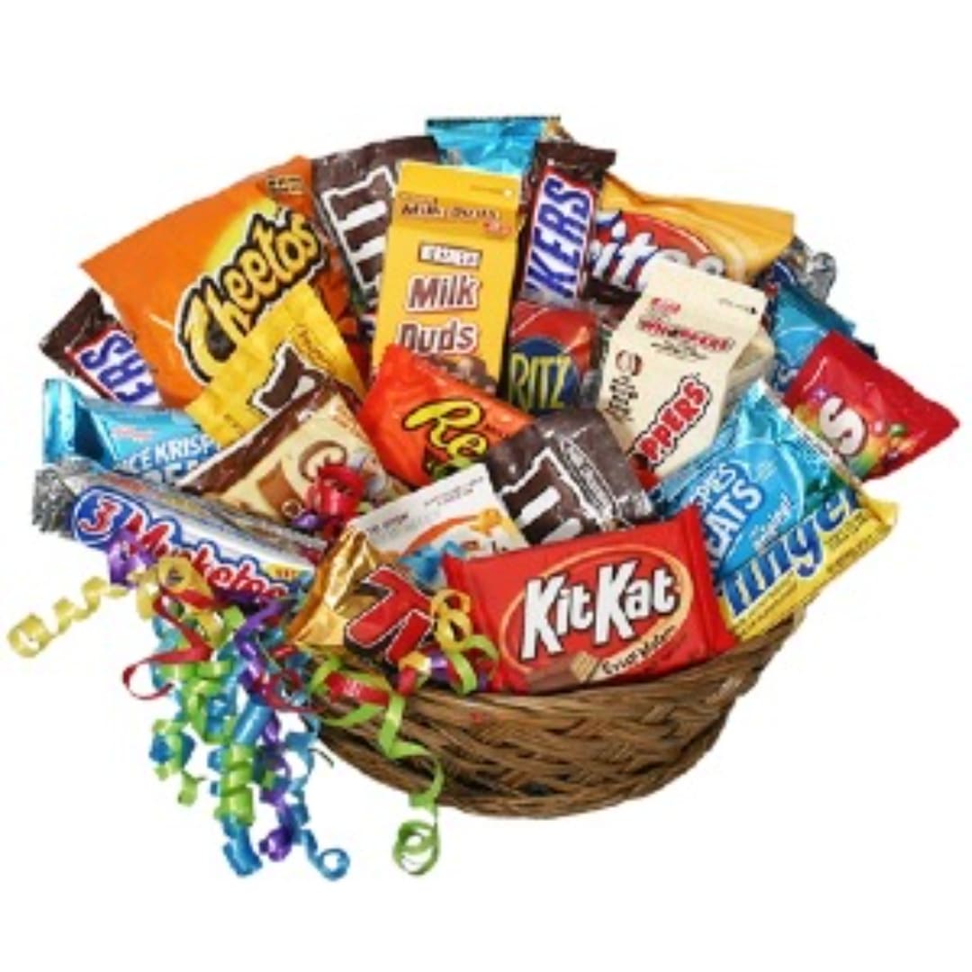 Basket of assorted candy bars with colorful ribbon curls