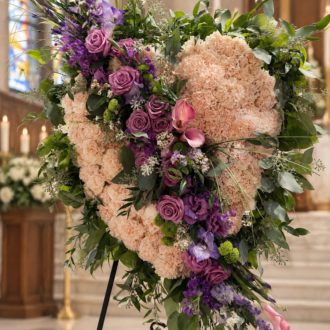 Heart-shaped floral standing spray with purple roses and peach carnations