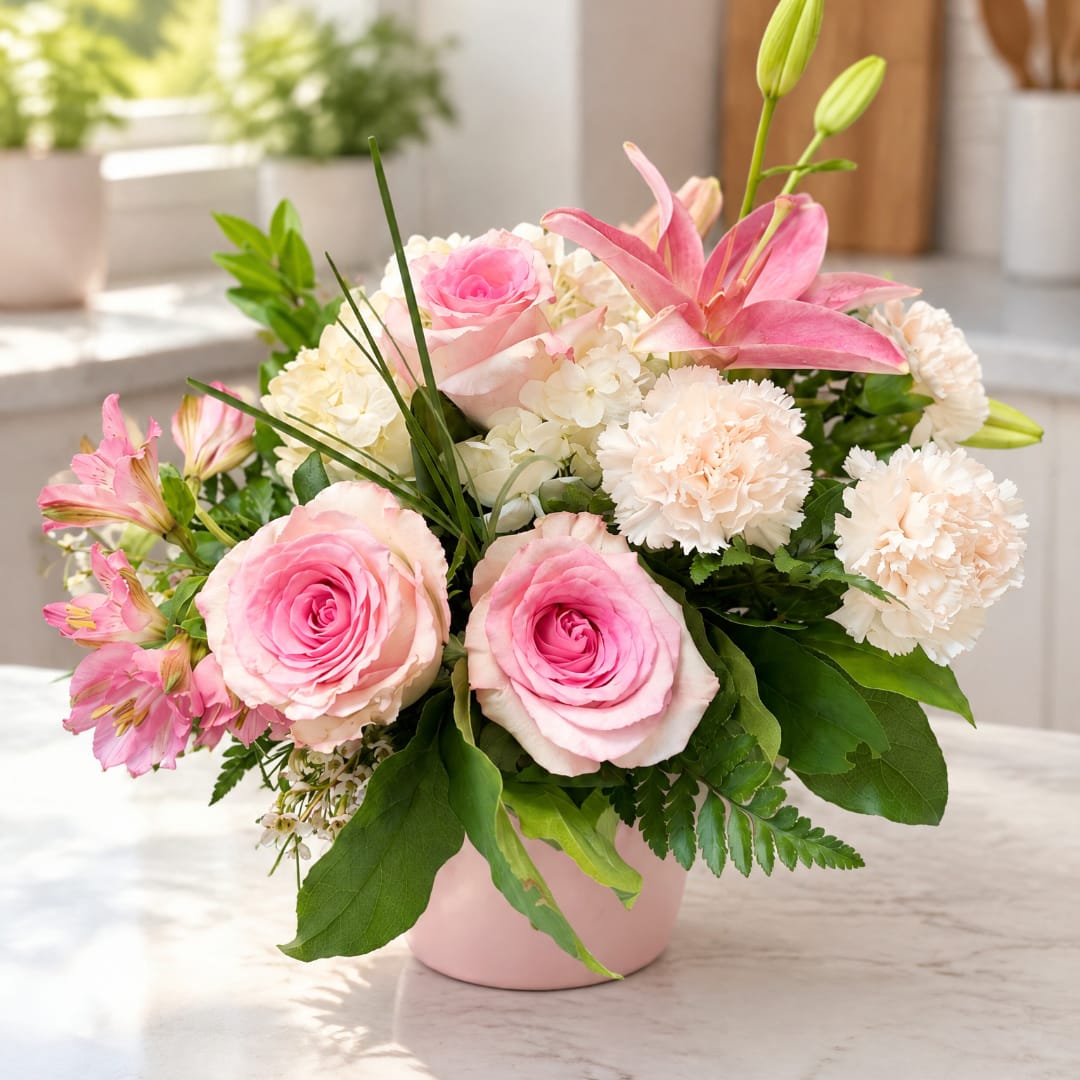 Pink roses and lilies arranged in a pink vase