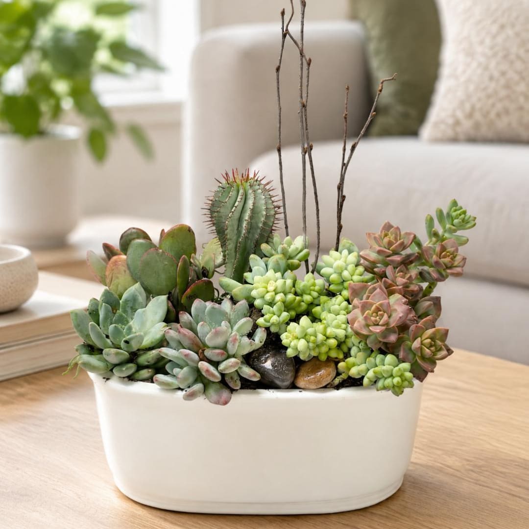 Succulent arrangement in a white ceramic planter on a table