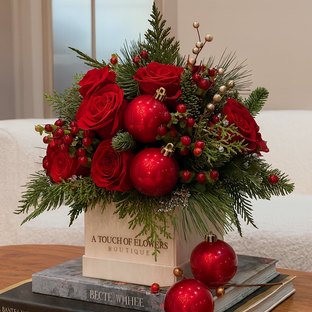 Red roses and holiday ornaments arranged in a cream box