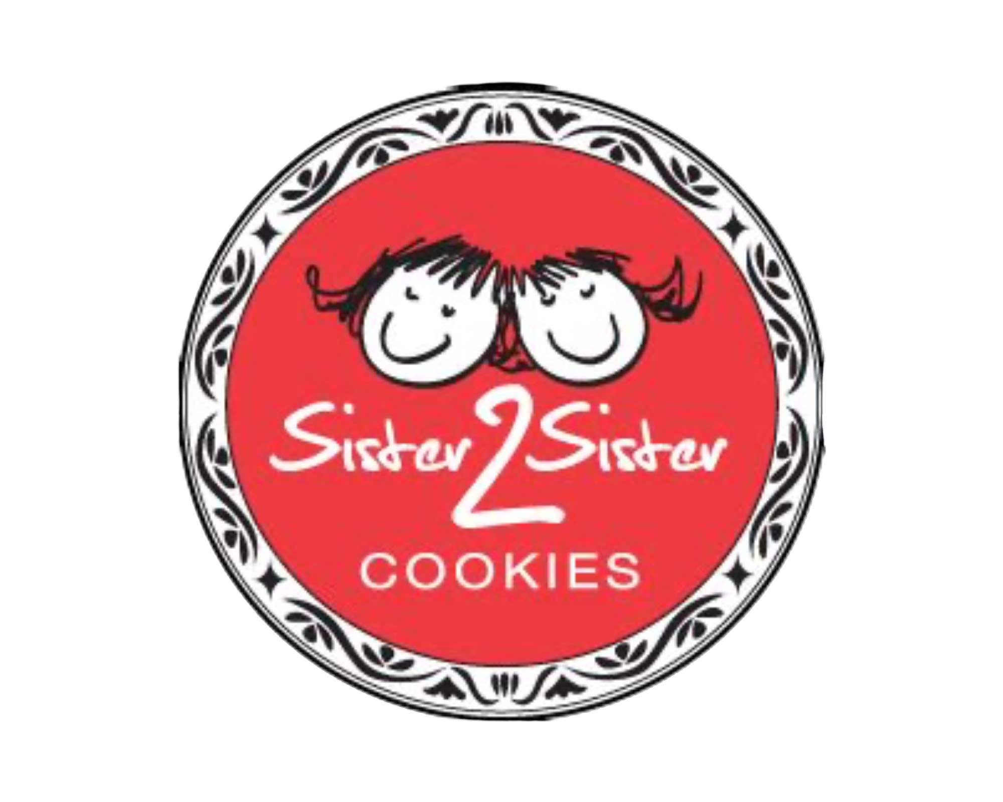 Round red cookie logo with two smiling faces and the words Sister 2 Sister Cookies