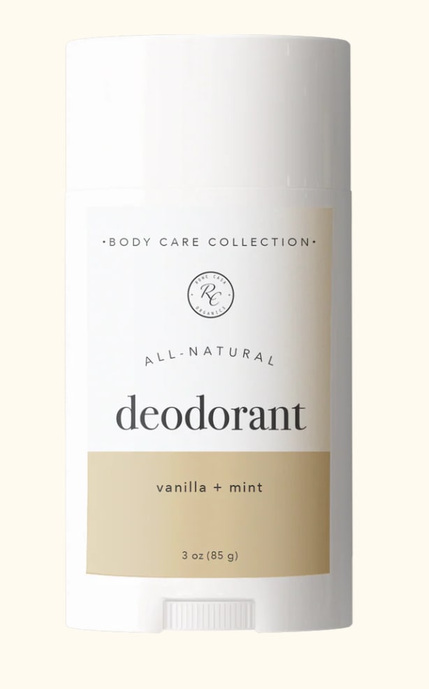 White deodorant stick labeled vanilla + mint