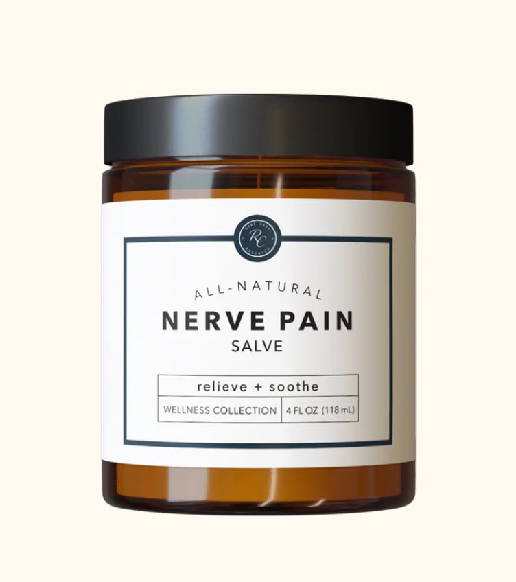 Amber jar of nerve pain salve with a black lid and white label