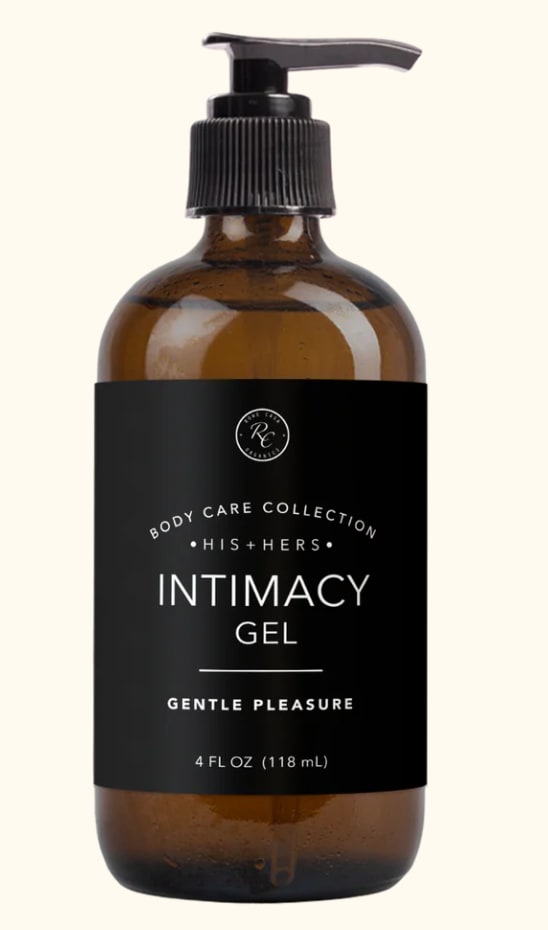 Amber pump bottle labeled intimacy gel