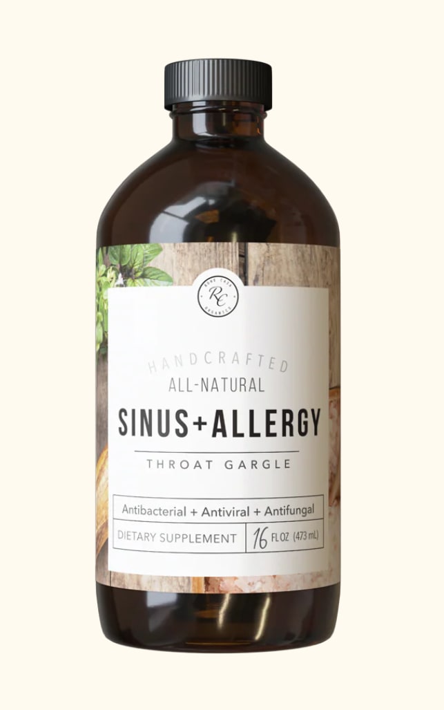 Amber bottle of sinus and allergy throat gargle supplement