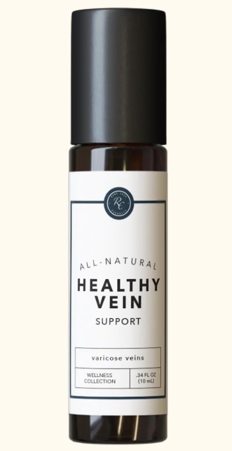 Small amber bottle with a black cap labeled Healthy Vein Support