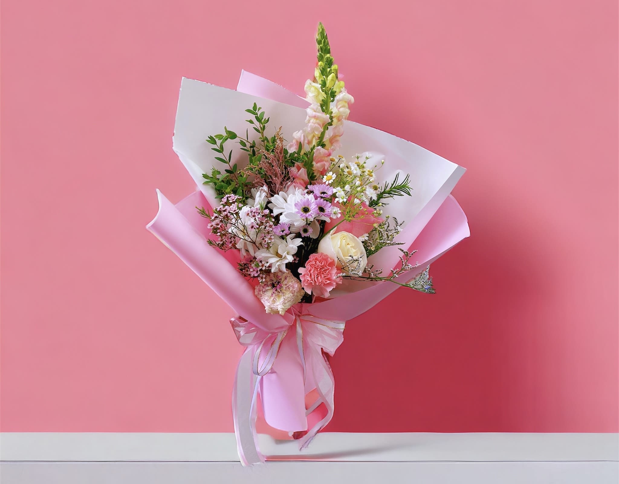 Seasonal Bouquet - Includes a variety of seasonal flowers (two roses color of your choice, pompoms, daisies, Snaps, mini pompom daisy, cushing pompom) Styled with floral paper 