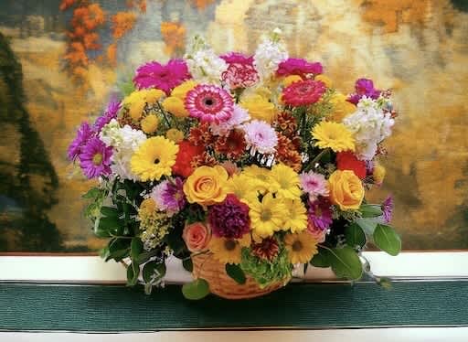 Large Flower Garden Basket - Roses, gerbera, daisies, carnations, stockflower and seasonal flower, nestled in a wooden basket