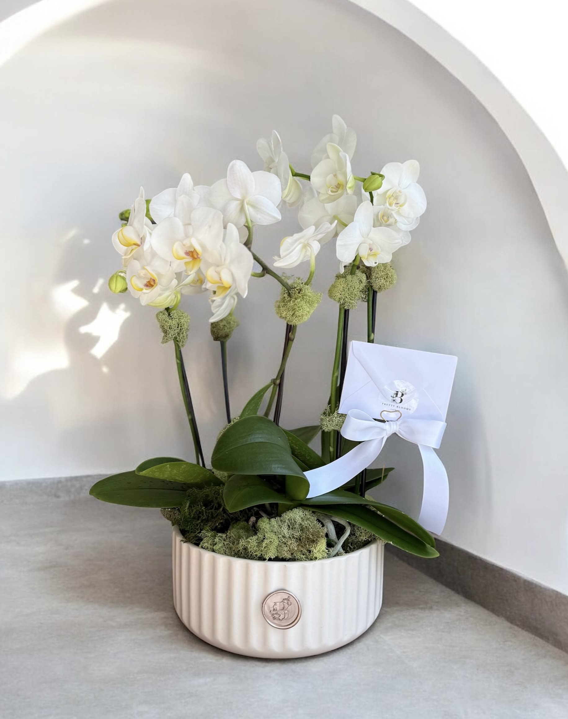 White orchid arrangement in a ribbed ceramic pot with a ribboned card