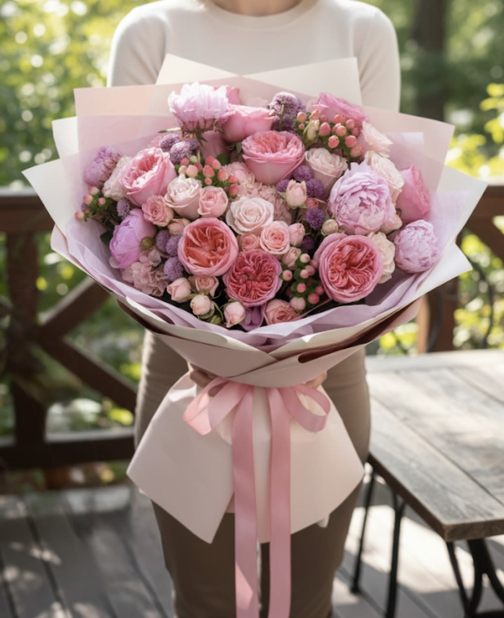 Pink rose bouquet wrapped in pale pink paper with a ribbon