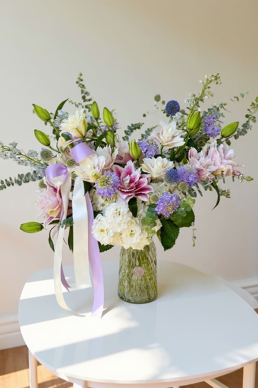 Pastel bouquet in a glass vase with lilies and ribbon streamers