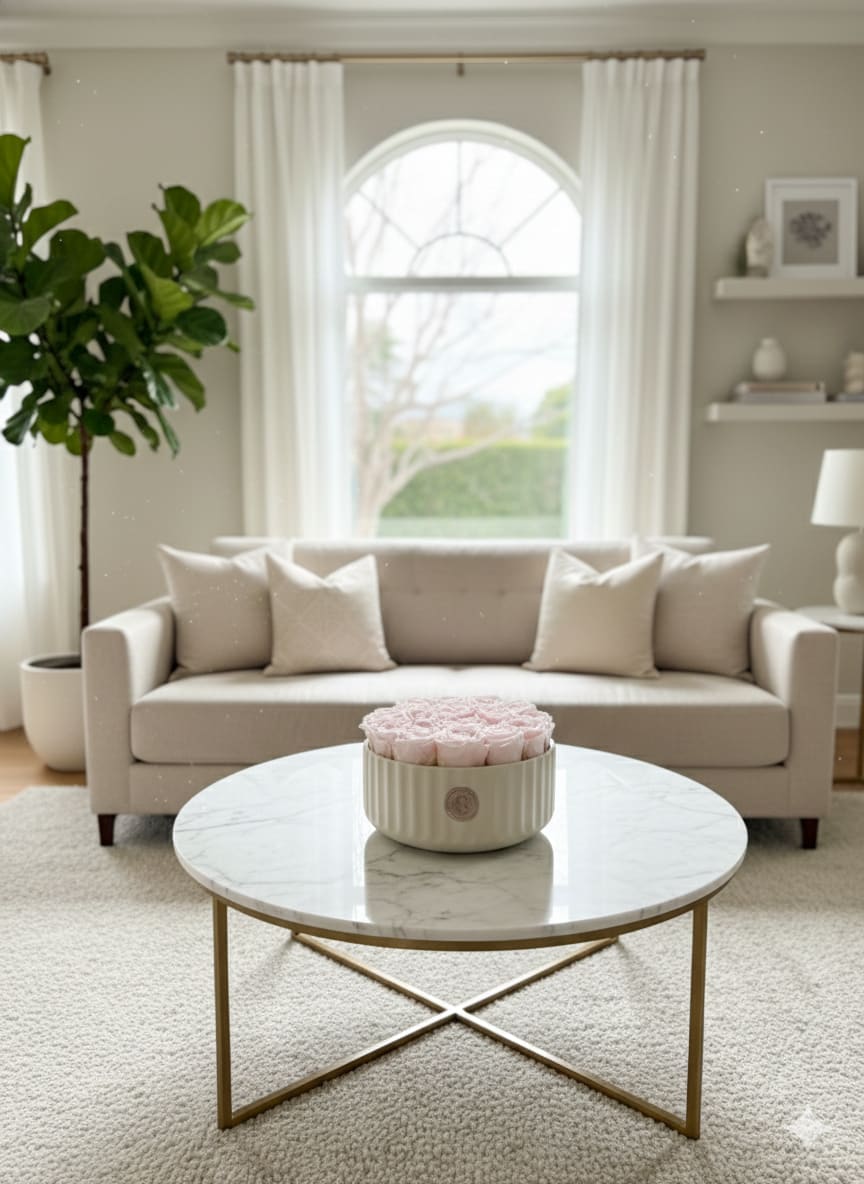 Round box of pale pink roses on a coffee table in a living room
