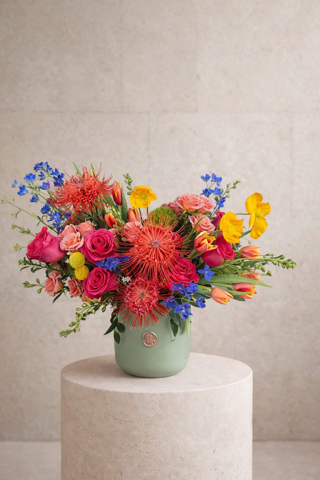 Color Crush - A bold and vibrant arrangement designed with bright, eye-catching colors and rich texture for a modern, elevated look. Created with fresh, seasonal blooms in our signature garden style, full of movement and personality.  Designed in our medium-size green matte vase, this piece is slightly larger and more abundant than our regular arrangements—perfect when you want something that truly stands out.   Flowers may vary based on seasonal availability while maintaining the overall color palette and design style.