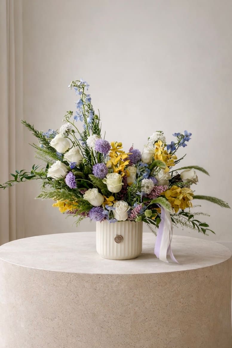 Mixed bouquet of white, yellow, and lavender flowers in a ribbed vase