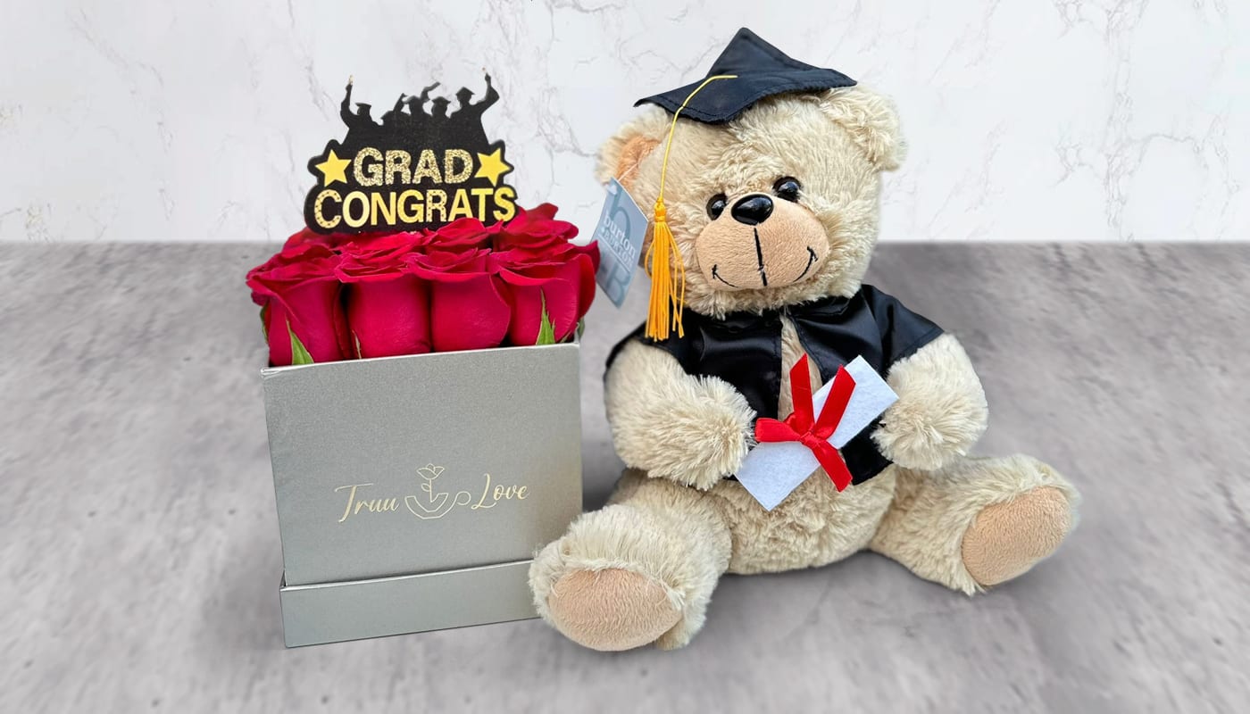 Squared Box Red Flower  - contains 12 Red Roses &amp; Topper 